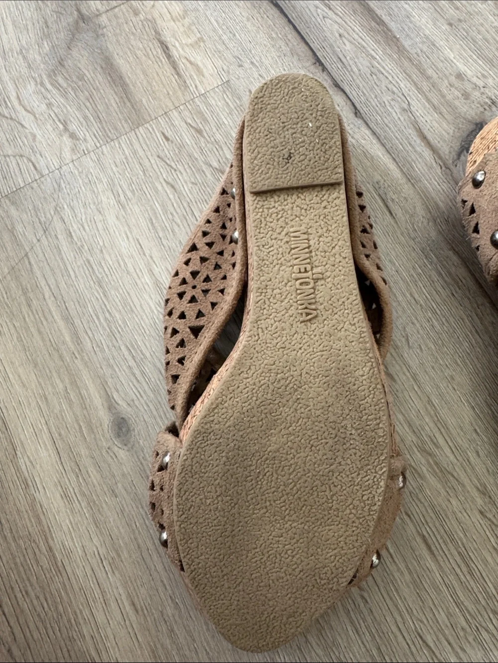 Minnetonka Taupe Suede Laser-Cut Crisscross Slide Sandals